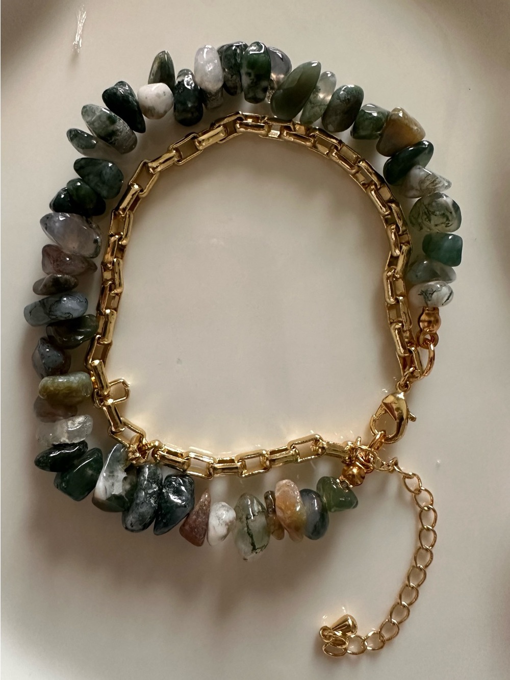 Handcrafted Golden Plated Chain Bracelet with Green and Multicolor Natural Stone